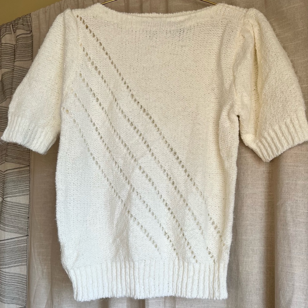 Vintage Style Ivory Knit Short Sleeve Sweater Medium Boat Neck Puff Sleeve
